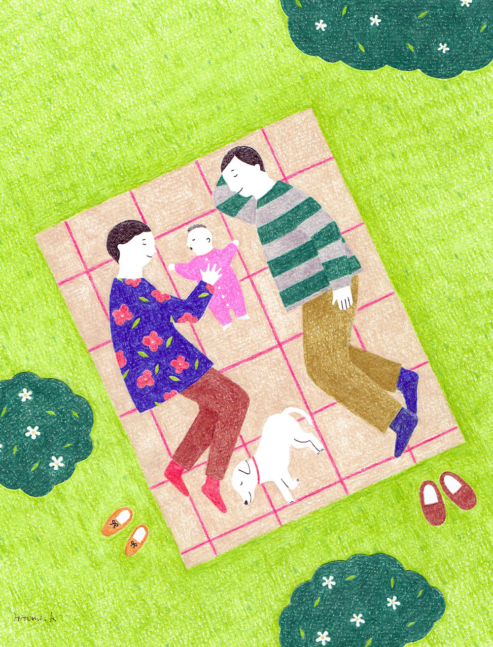 ピクニックで昼寝をする家族イラスト（近藤瞳）
