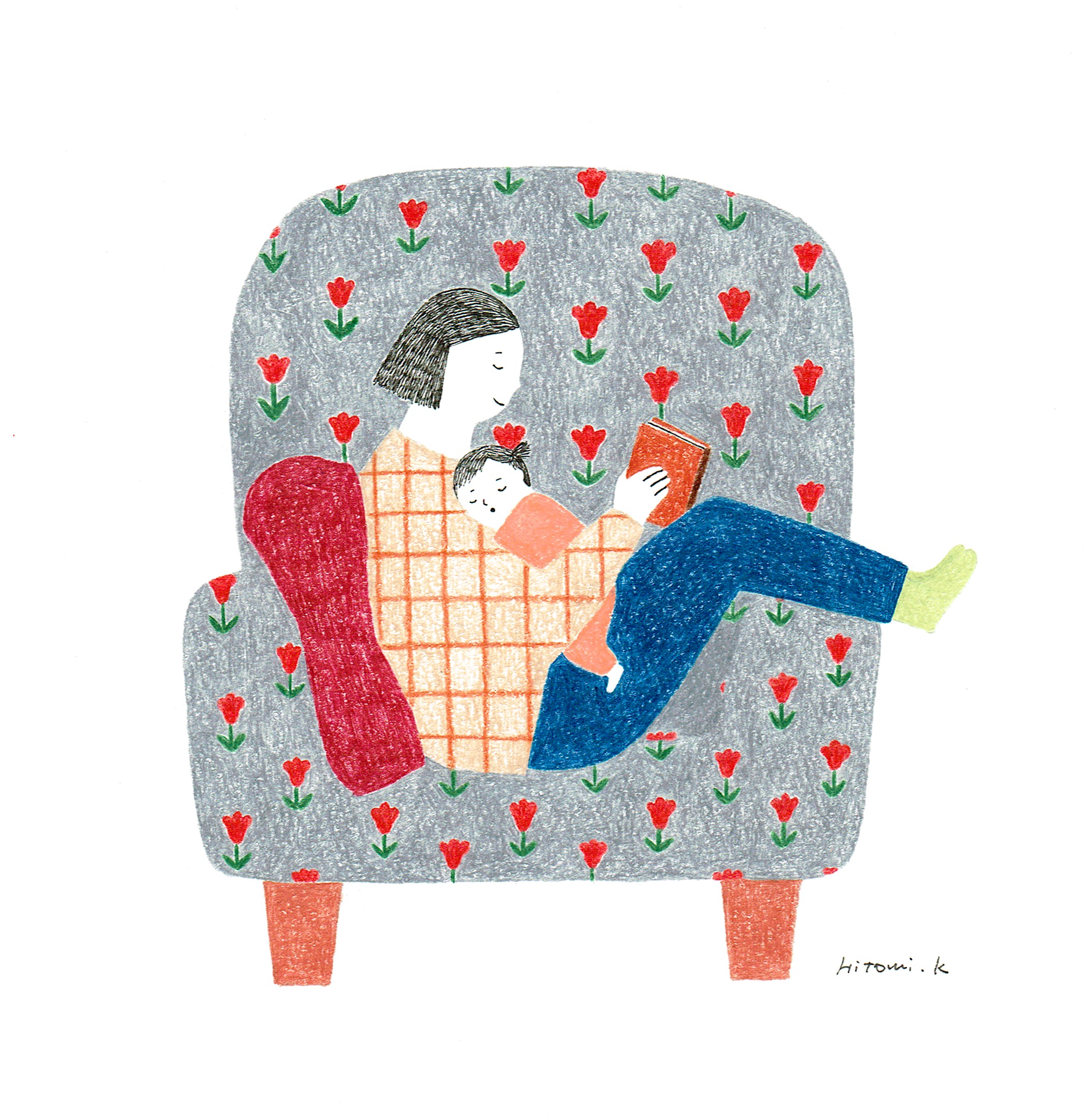 いすに座り赤ちゃんを抱いてる女性イラスト（近藤瞳）