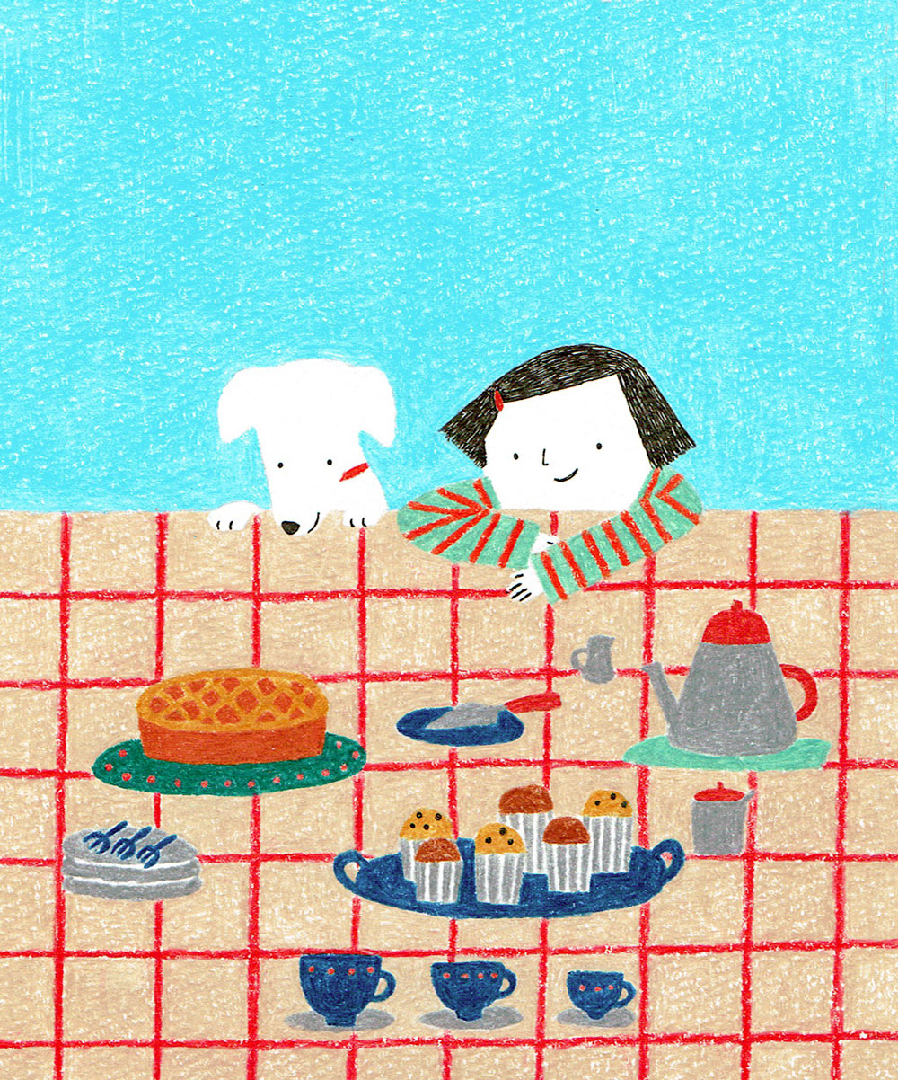 食べ物を見る犬と女の子イラスト（近藤瞳）